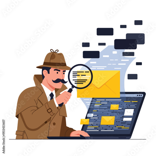 Investigator analyzing digital email data on laptop, searching for information in a conceptual cybersecurity environment