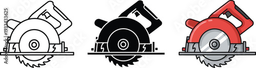 Versatile set of circular saw power tool icons presented in outline glyph and full color styles suitable for construction DIY and workshop-related projects