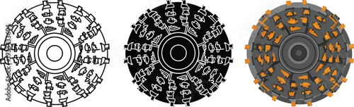 Heavy-duty rotary cutting tool vector illustration set showcasing line art silhouette and full-color versions suitable for power tool and landscaping equipment designs