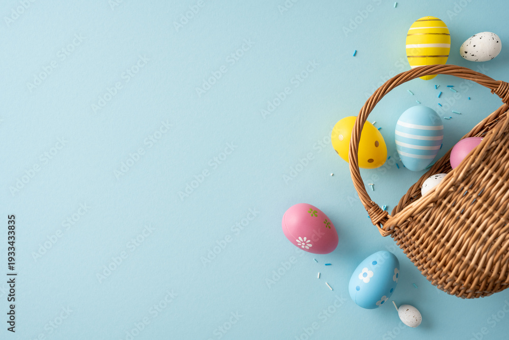 Fototapeta premium Colorful painted Easter eggs spilling from a wicker basket onto a pastel blue background creating a joyful happy Easter scene with spring tones and playful decorative details