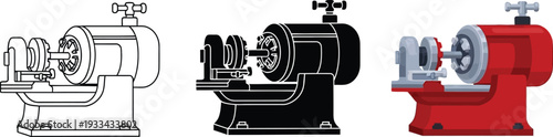 Versatile industrial lathe machine vector illustration set featuring outline silhouette and colored designs for manufacturing and engineering projects