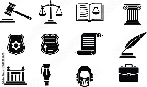 A collection of black and white law and justice icons featuring a gavel, scales, and badge.