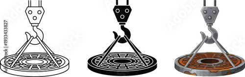 Set of industrial electromagnet icons with a crane hook illustrating heavy lifting and scrap metal operations in various design styles isolated on white background