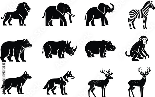 Collection of black wild animal silhouettes including lion elephant zebra bear rhino and deer.
