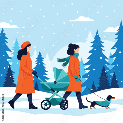 Happy women enjoying a winter stroll with baby in stroller and a dog in a snowy forest landscape.