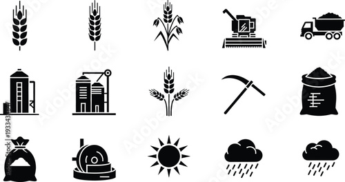 Set of agriculture and grain production icons including wheat silos and harvesting equipment