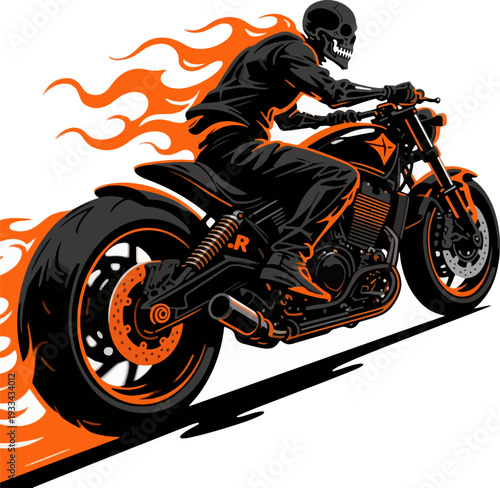 Flaming Skeleton Biker Black Silhouette Vector Illustration