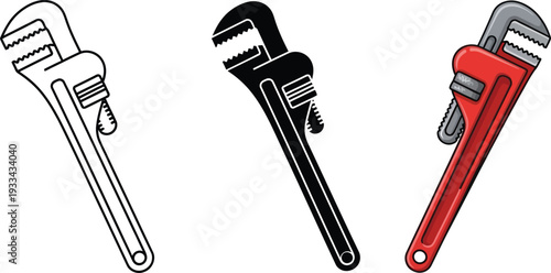 Collection of pipe wrench illustrations including outline silhouette and colored versions with a water drop perfect for plumbing repair and maintenance designs