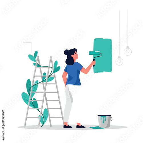 Woman painting a wall in her modern home with a roller, a vector illustration of home renovation.