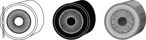 Set of stylized eye or optical lens illustrations featuring outline solid and grayscale variations ideal for technology and vision concepts