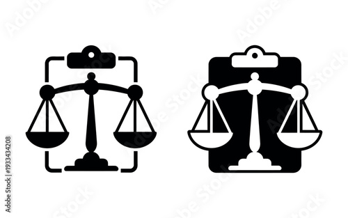 A set of black and white scales icons on a clipboard for law and justice concepts