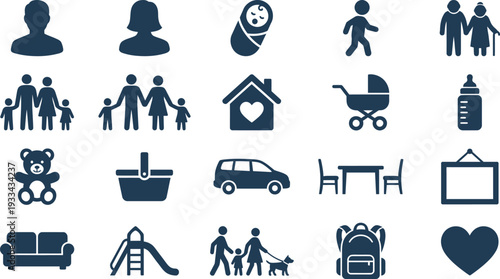 A diverse collection of flat design icons representing family, home, and daily life elements.