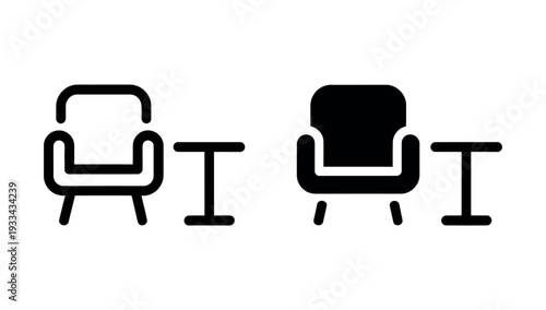 A minimalist illustration of two chairs and two tables in black and white