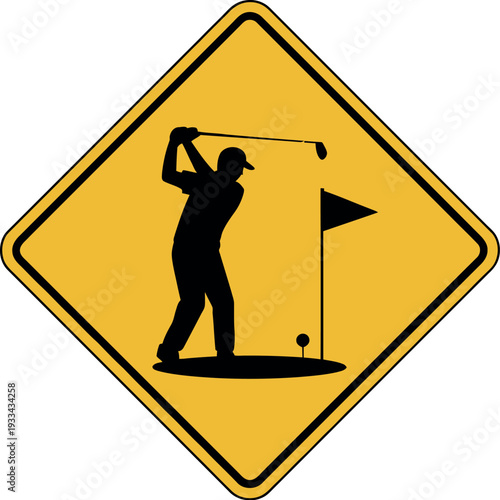 A yellow road sign warning of a golf course ahead with a golfer silhouette.