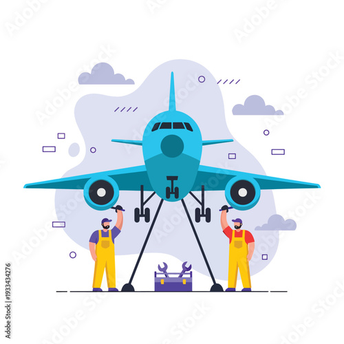 Aircraft technicians performing professional maintenance on a commercial plane, depicting aviation service and technology illustration.