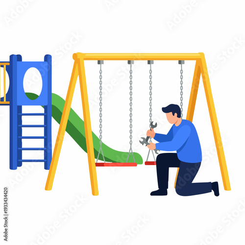 Playground maintenance, swing repair, park worker, fixing equipment, outdoor play area.