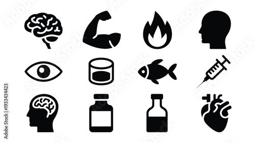 A set of black vector icons representing various health and wellness concepts on a white background, including brain, muscle, heart, fish, eye, syringe, and bottles.