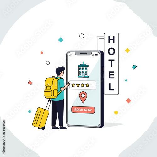 Traveler booking hotel accommodation online using mobile app with star rating illustration