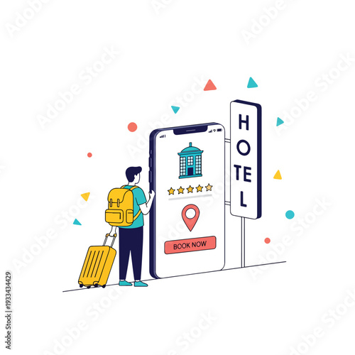Traveler booking hotel on mobile app with luggage, modern digital travel concept vector illustration