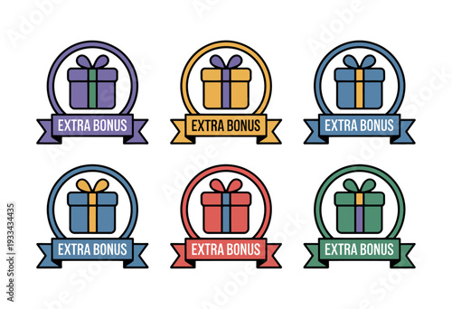 A colorful collection of extra bonus icons featuring gift boxes with ribbons and banners on a white background