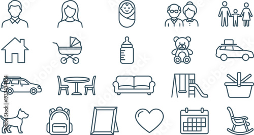 Simple line art icons depicting family, home, essential items, and daily lifestyle elements.
