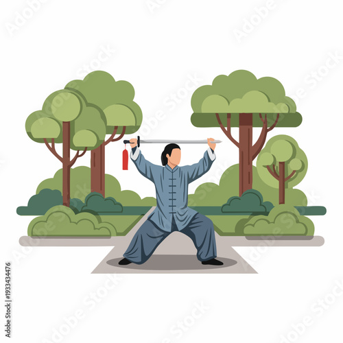 Woman practicing Chinese martial arts with a sword.