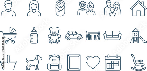 Collection of simple outline vector icons representing diverse family, home, and lifestyle concepts.