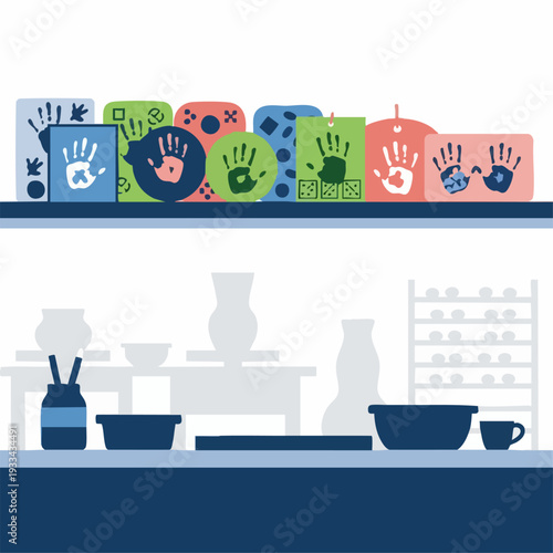 Colorful Handprint Art Displayed on Shelf in Bright Studio.