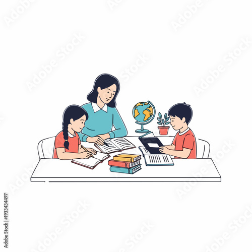 A teacher helping two young students with their homework at a desk.