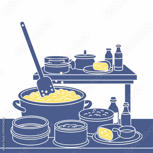 Food preparation scene with various pots pans and ingredients.