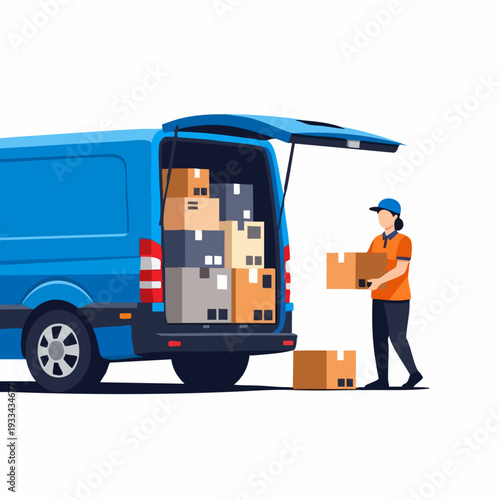 Delivery person loading cardboard boxes into a blue commercial van for shipping and logistics.