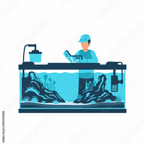 Person cleaning and maintaining a large fish tank.