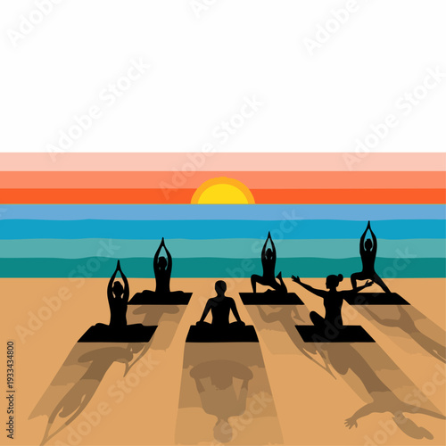 Silhouettes of a group of people practicing yoga.