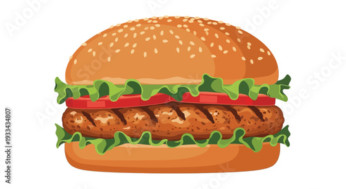 Delicious chicken burger isolated PNG on transparent background, grilled chicken sandwich with tomato and lettuce for fast food menu. vector flat