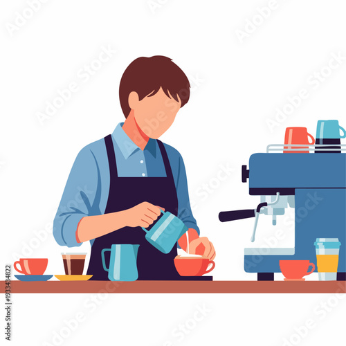 Barista making coffee with espresso machine and cups.
