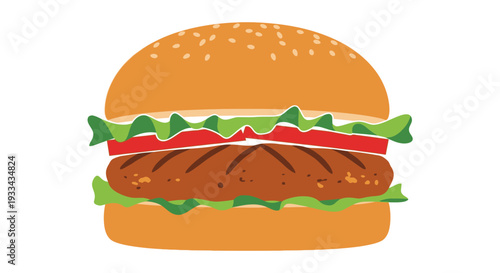 Delicious chicken burger isolated PNG on transparent background, grilled chicken sandwich with tomato and lettuce for fast food menu. vector flat