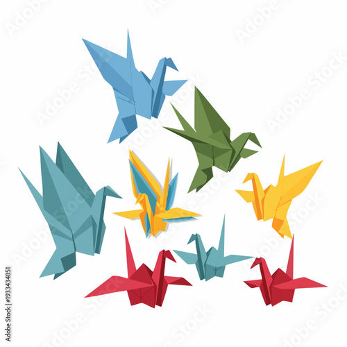 Colorful Origami Cranes Flying in Formation.