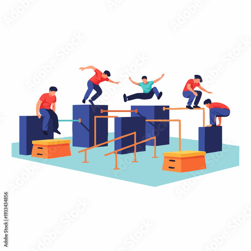 Parkour athletes performing acrobatic stunts on obstacle course.