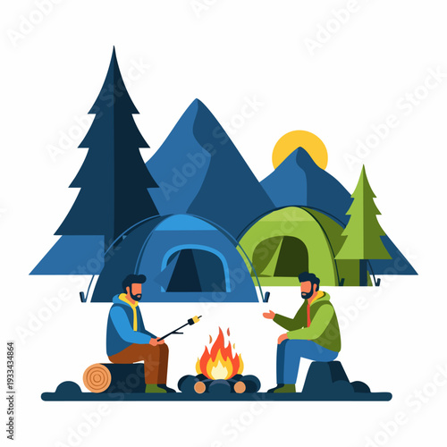 Two men camping by a campfire roasting marshmallows.