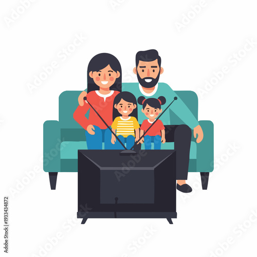 Family Watching Television Together on Couch, Enjoying Leisure Time.