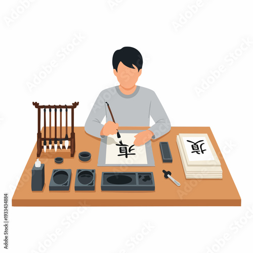 Person practicing Chinese calligraphy.