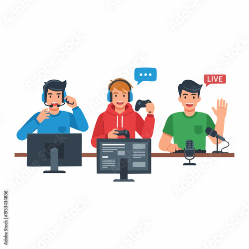 Three gamers streaming live with microphones and headsets on computers.