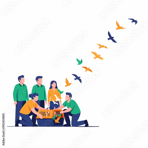 People releasing a tiger from a cage as birds fly to freedom.