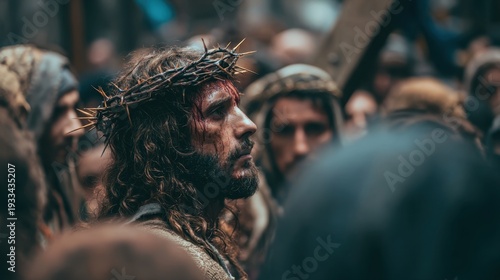 Portrait of Jesus wearing a crown of thorns during the Passion surrounded by onlookers