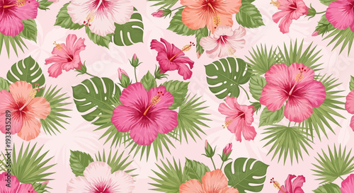 Pink Hibiscus pattern. Tropical botanical Seamless pattern. motif exotic hibiscus design. Hawaii shirt, summer design. beautiful pink floral sweet, floral patterns. hibiscus flower. Pink fashion