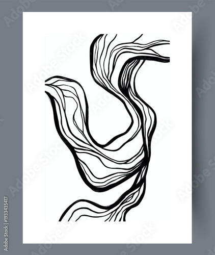 White Background With Flowing Ink Strokes. Abstract Black Lines Evoke Movement In Modern Decor