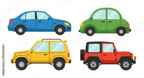 Vector illustration set of four cartoon cars in flat cartoon style. Minimalistic colorful sedan, compact car, SUV, and jeep. Doodle icons for transportation, travel, children books, and urban themes