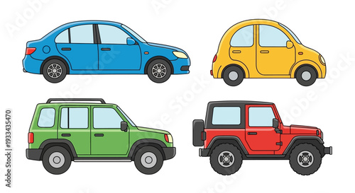 Vector illustration set of four cartoon cars in flat cartoon style. Minimalistic colorful sedan, compact car, SUV, and jeep. Doodle icons for transportation, travel, children books, and urban themes