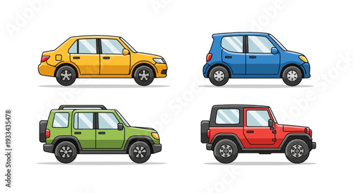 Vector illustration set of four cartoon cars in flat cartoon style. Minimalistic colorful sedan, compact car, SUV, and jeep. Doodle icons for transportation, travel, children books, and urban themes