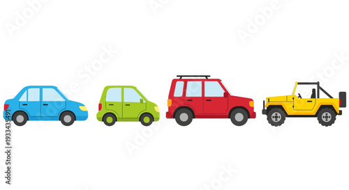 Vector illustration set of four cartoon cars in flat cartoon style. Minimalistic colorful sedan, compact car, SUV, and jeep. Doodle icons for transportation, travel, children books, and urban themes